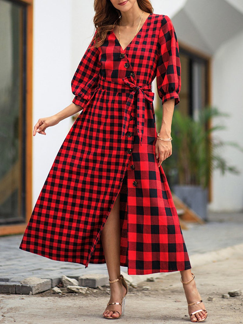 Robe Longue à 3/4 Manches et Col en V Motif Plaid