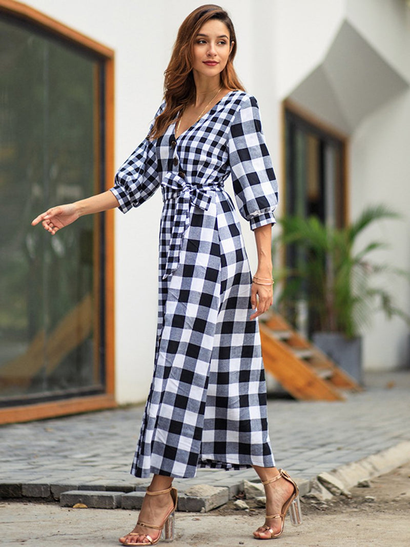 Robe Longue à 3/4 Manches et Col en V Motif Plaid