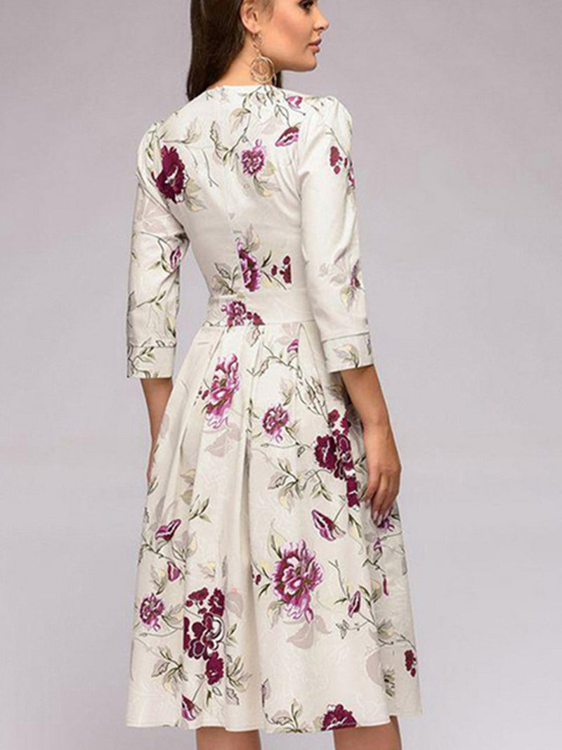 Robe Midi Floral avec Manches 3/4 et Col Rond