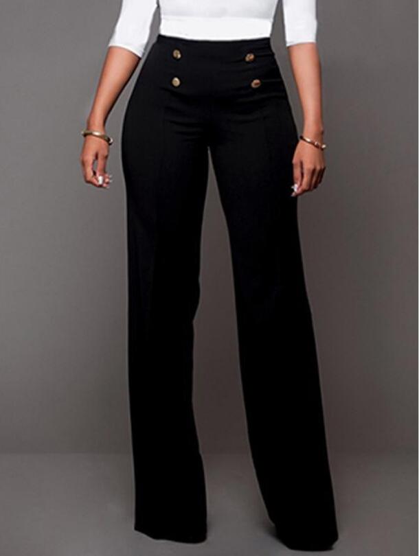 Pantalon Taille Haute Lâche Long Bouton