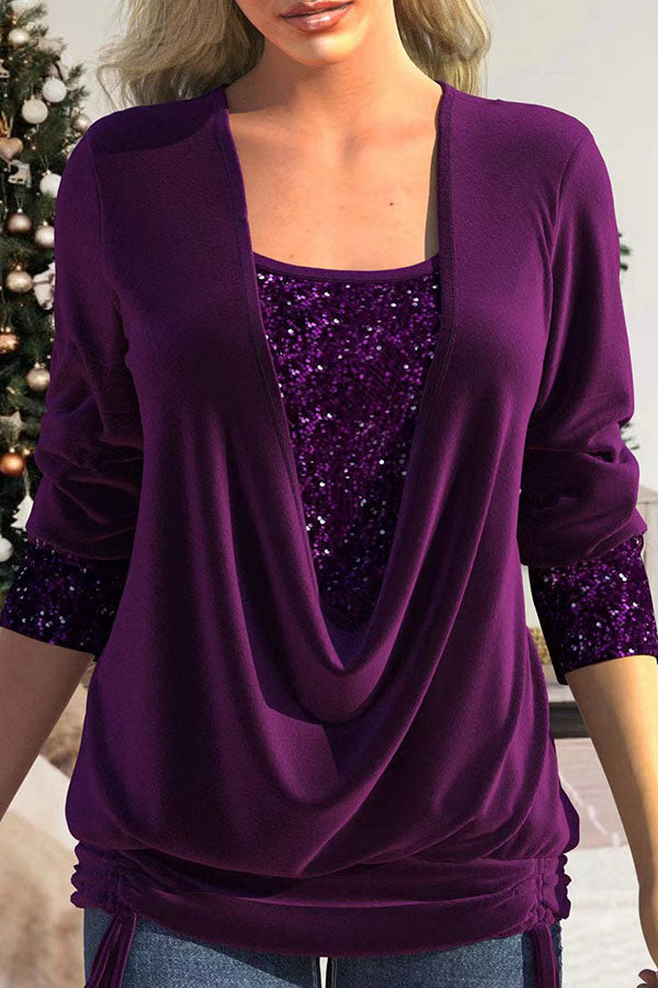 Christina Sequin Drape Neck Ruched Top