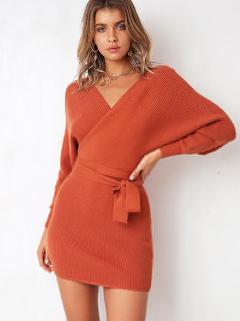 Robe en Tricot à Manches Longues avec Ceinture