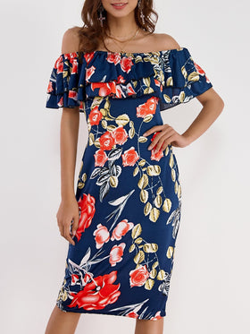 Robe à Imprimé Floral à Epaules Dénudées