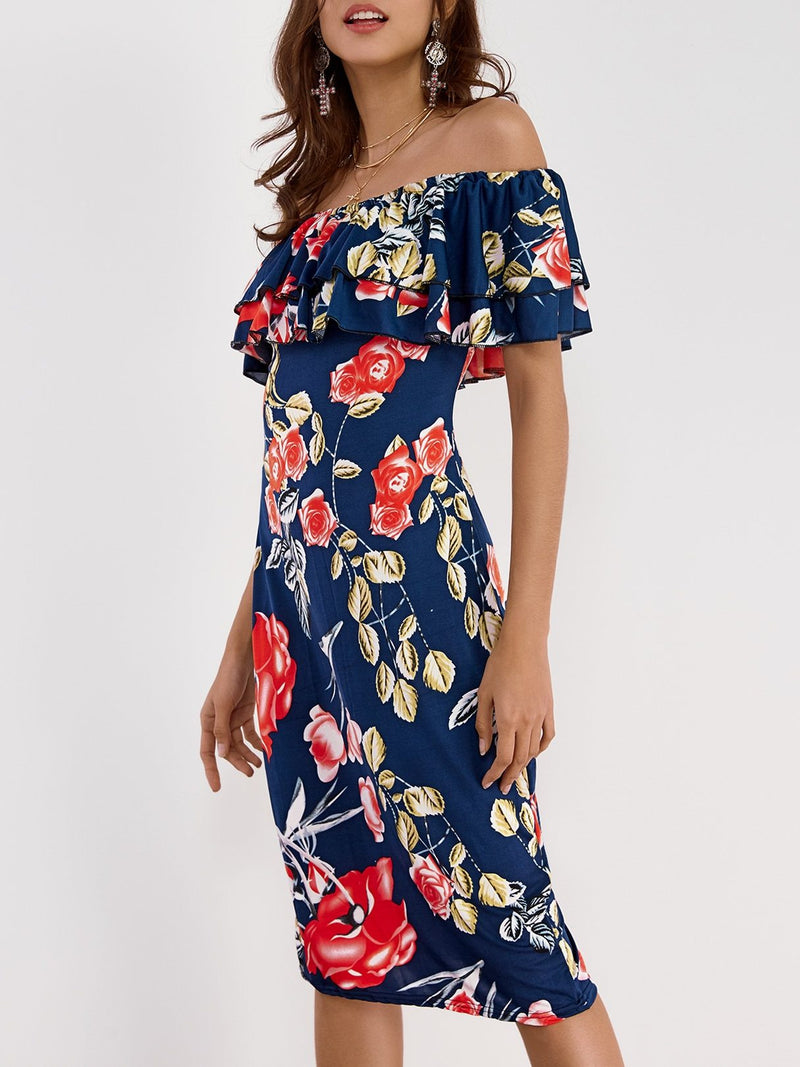 Robe à Imprimé Floral à Epaules Dénudées