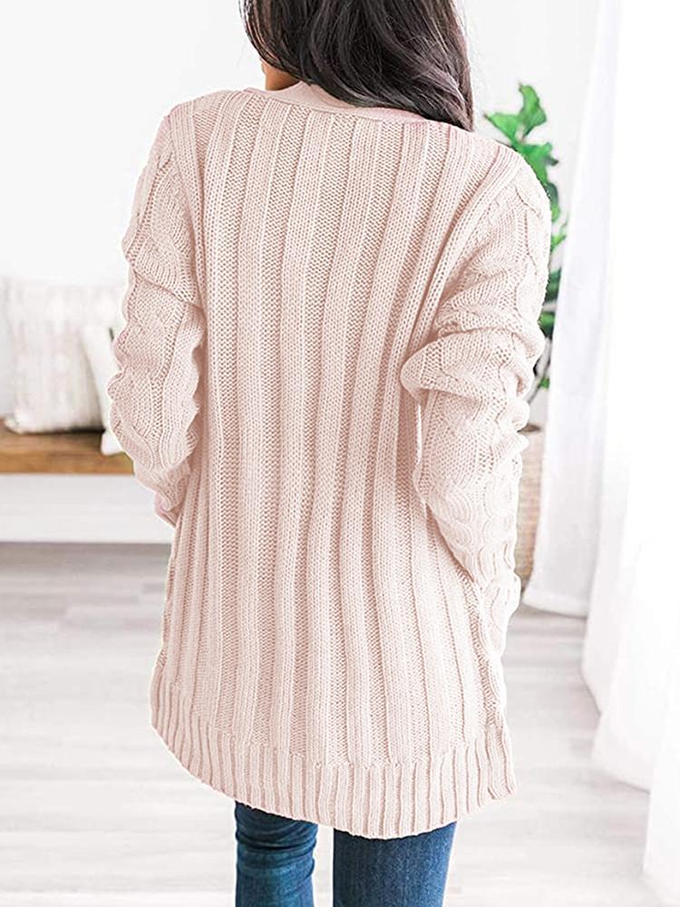 Cardigan en Tricot Unie avec Boutons Torsadés et Poches