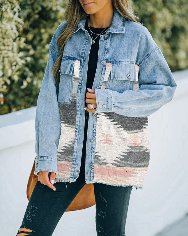 Veste-chemise en Jean Manches Longues et Bouton avec Poche Avant