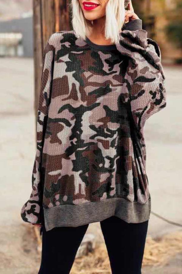 Sweatshirt Décontracté Col Rond Camouflage