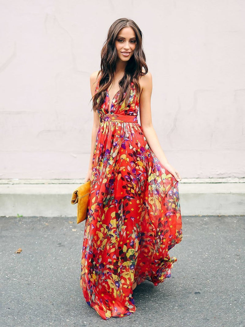 Robe Longue à Imprimé Floral Rouge