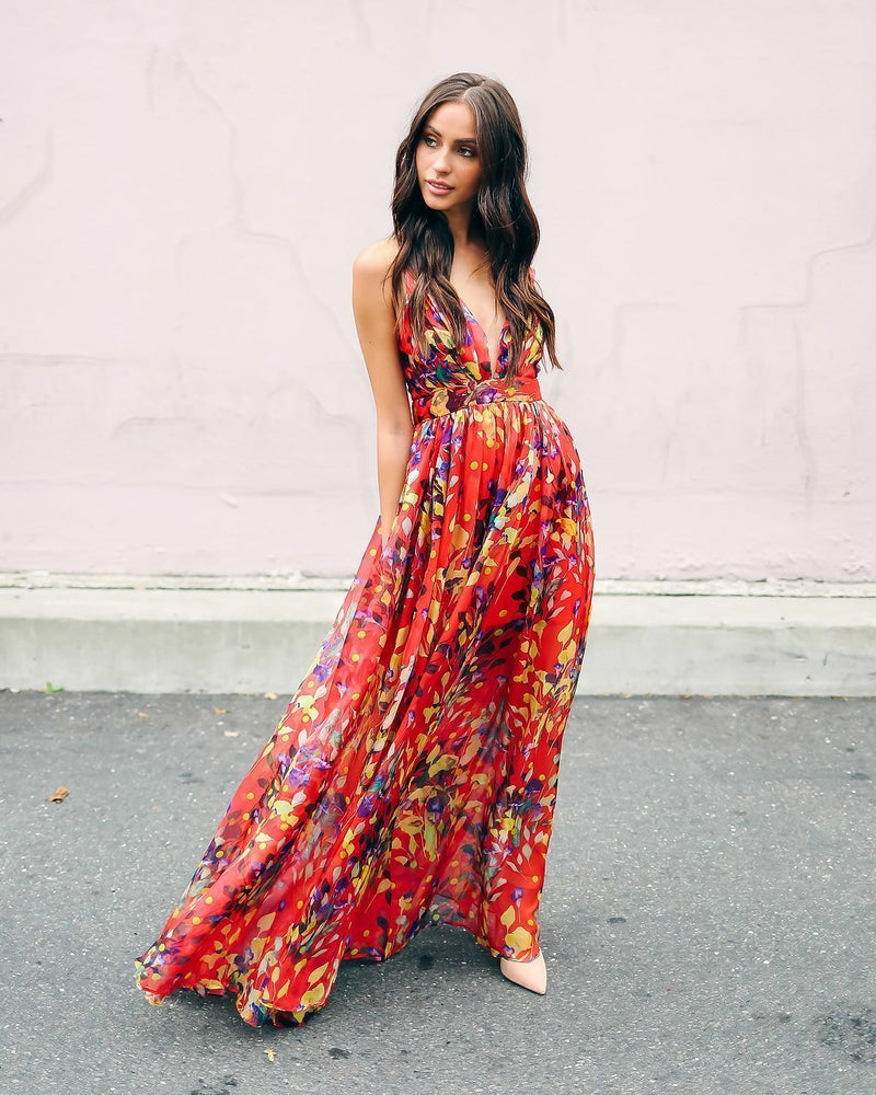 Robe Longue à Imprimé Floral Rouge