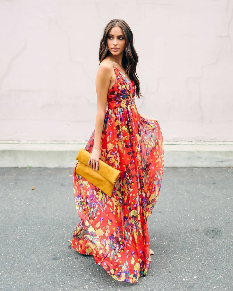 Robe Longue à Imprimé Floral Rouge