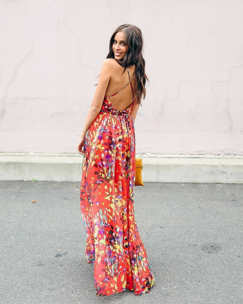 Robe Longue à Imprimé Floral Rouge