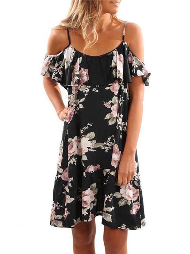 Mini Robe à Imprimé Floral et Épaules Dénudées