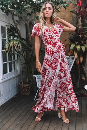 Maxi Robe Floral à Col en V Ouvert