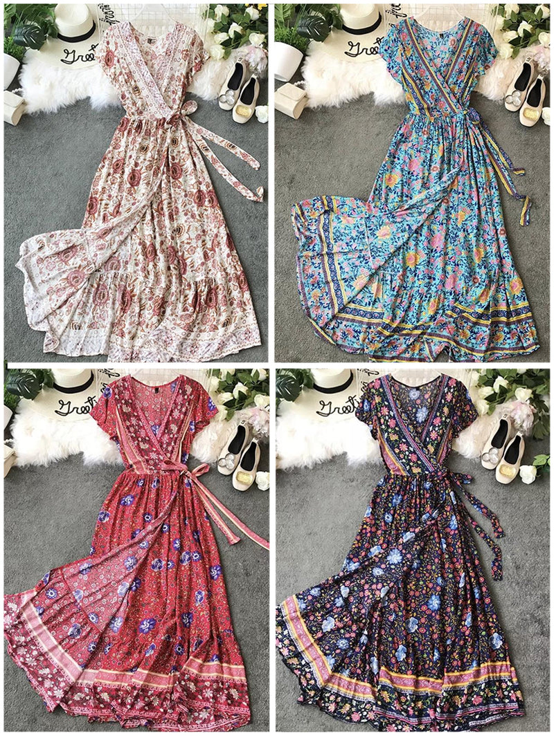 Robe Maxi Floral à Manches Courtes et Col en V