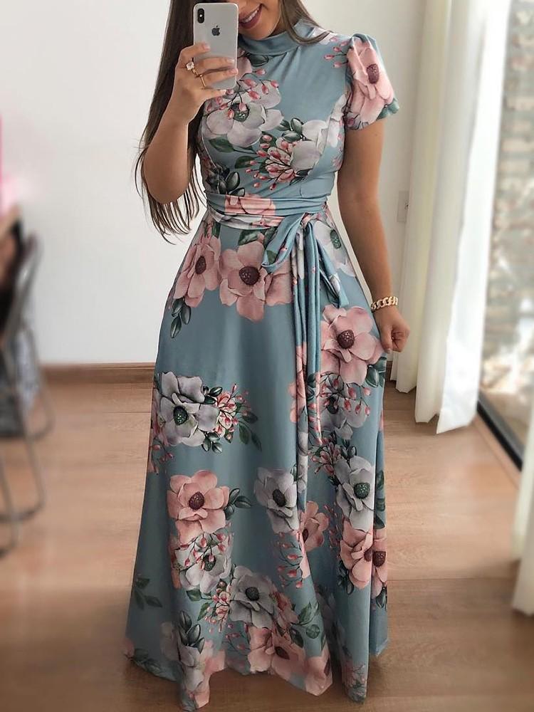 Robe Maxi à Col Rond et Manches Courtes Imprimé Floral avec Ceinture