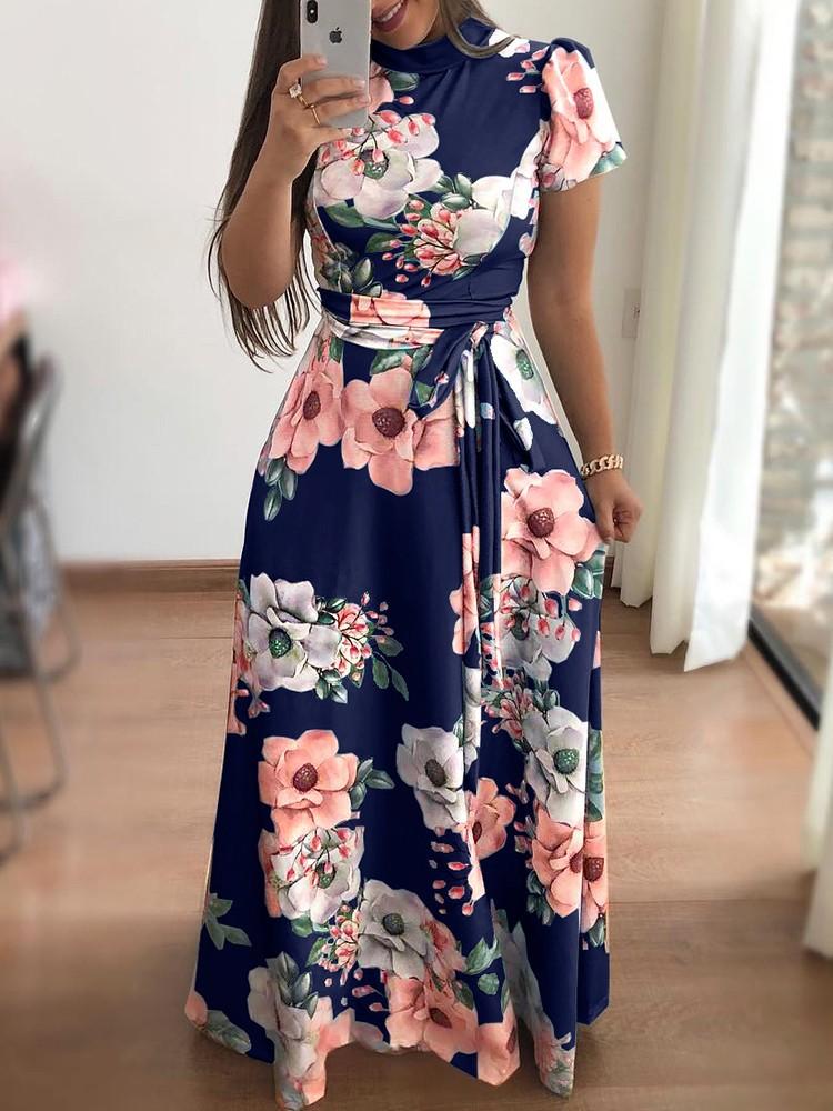 Robe Maxi à Col Rond et Manches Courtes Imprimé Floral avec Ceinture