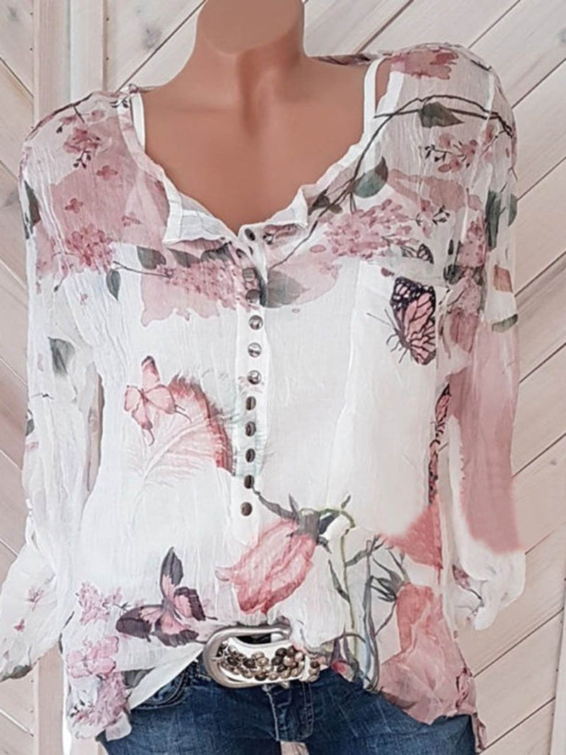 Blouse Floral Col Boutonné en V avec Manches Longues - CA Mode