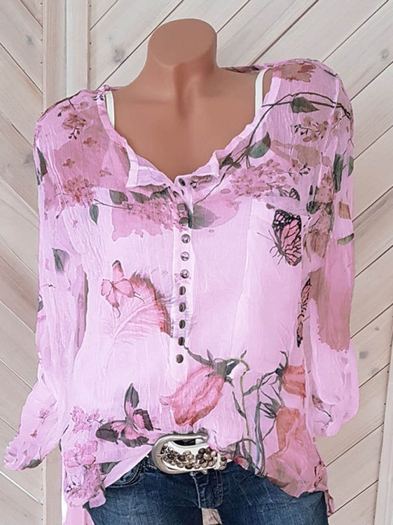 Blouse Floral Col Boutonné en V avec Manches Longues - CA Mode