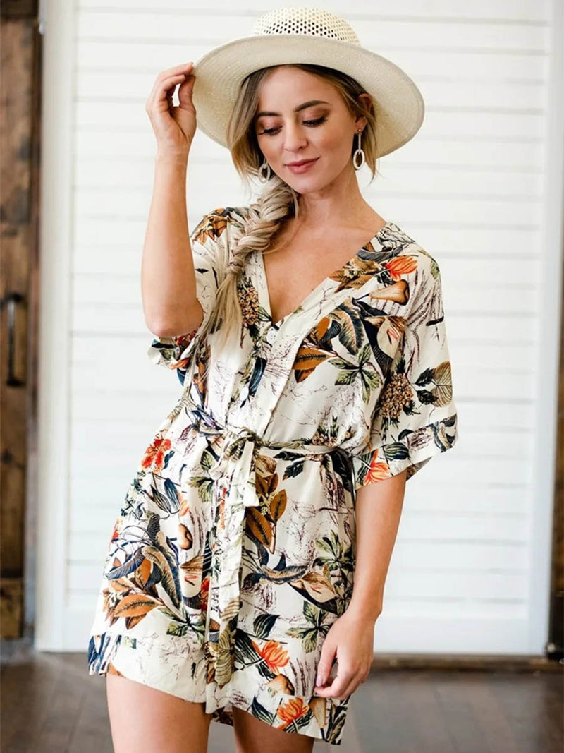 Mini Robe Floral à Col V en Boutons et Taille Ceinture