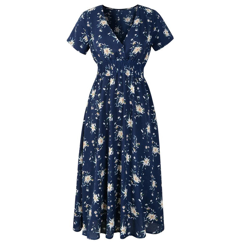 Robe Midi à Floral en Col V et Manches Courtes