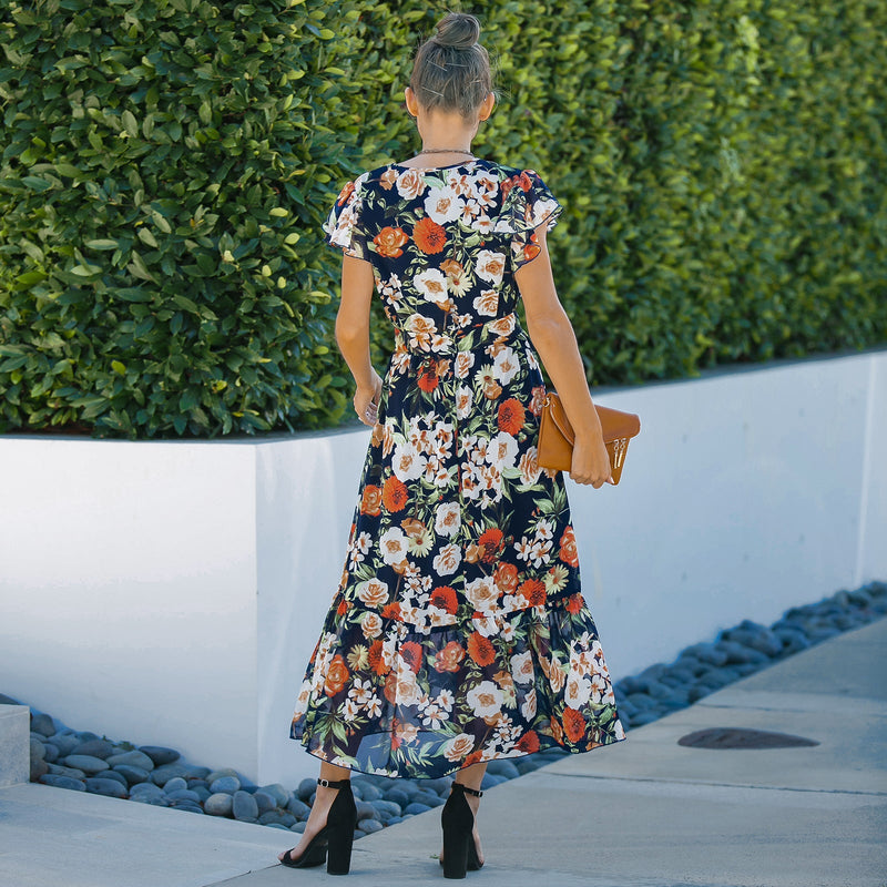 Robe Maxi Florale Ample à Manches Courtes et Col en V