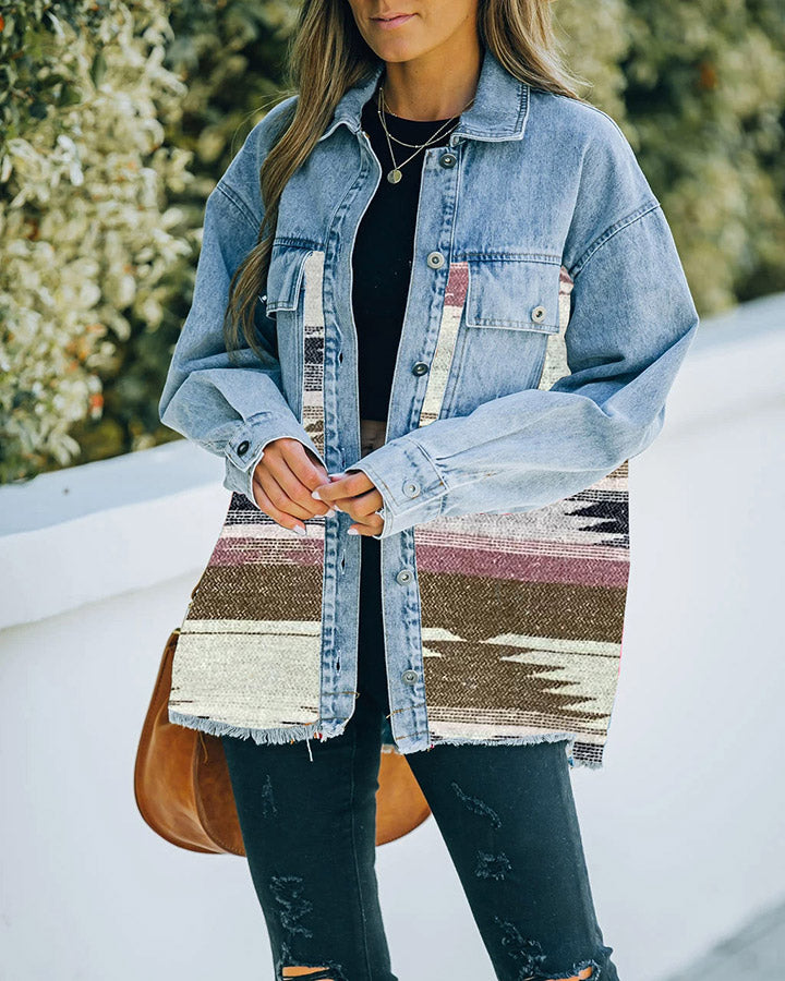 Veste-chemise en Jean Manches Longues et Bouton avec Poche Avant