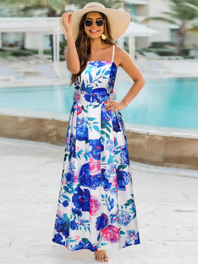 Robe Maxi Longue Floral Sans Manches à Bretelles Spaghetti Bleu