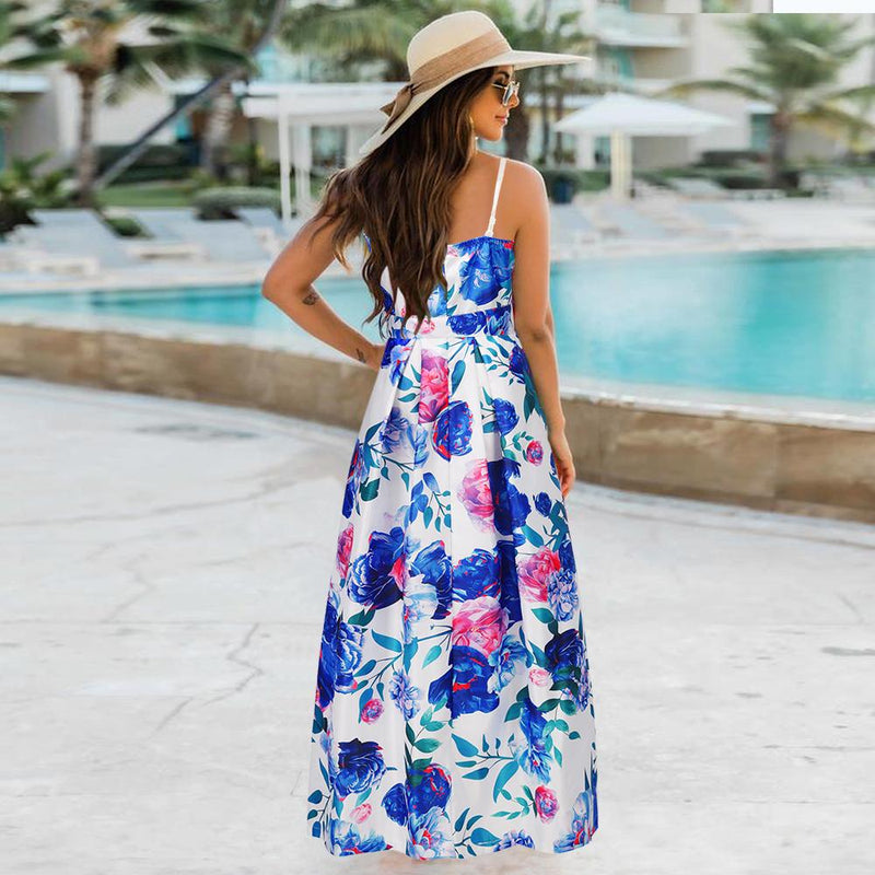 Robe Maxi Longue Floral Sans Manches à Bretelles Spaghetti Bleu