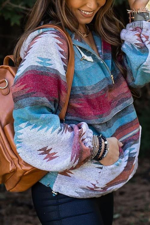 Sunset Aztec Print Pocketed Hoodie