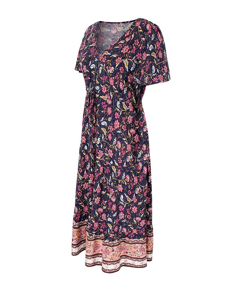 Robe Midi Floral Manches Courtes et Col en V