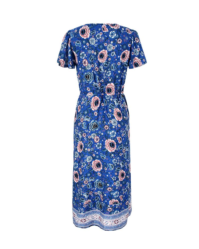 Robe Longue Floral Manches Courtes en Col V