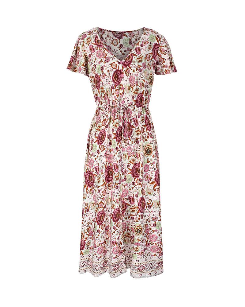 Robe Longue Floral Manches Courtes en Col V