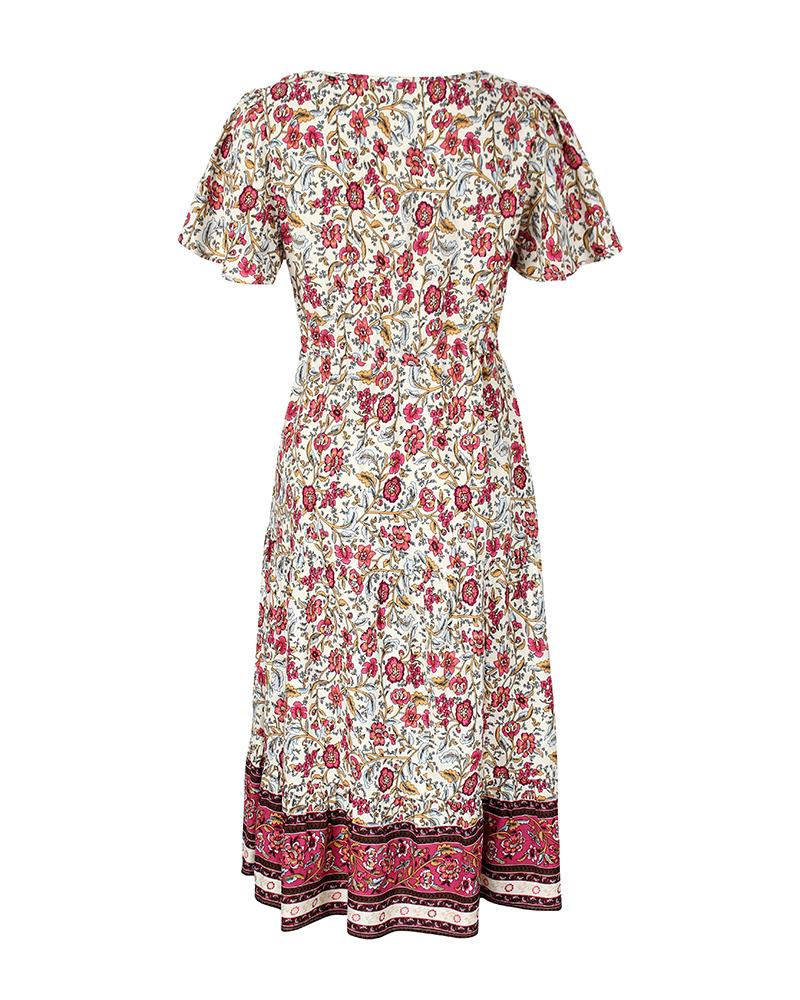 Robe Midi Floral Manches Courtes et Col en V