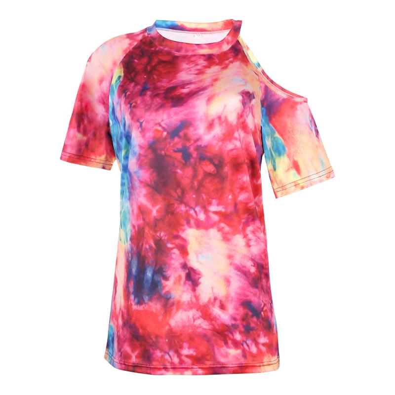 T-shirt Tie-dye Col Rond Épaules Dénudées sur un Côté