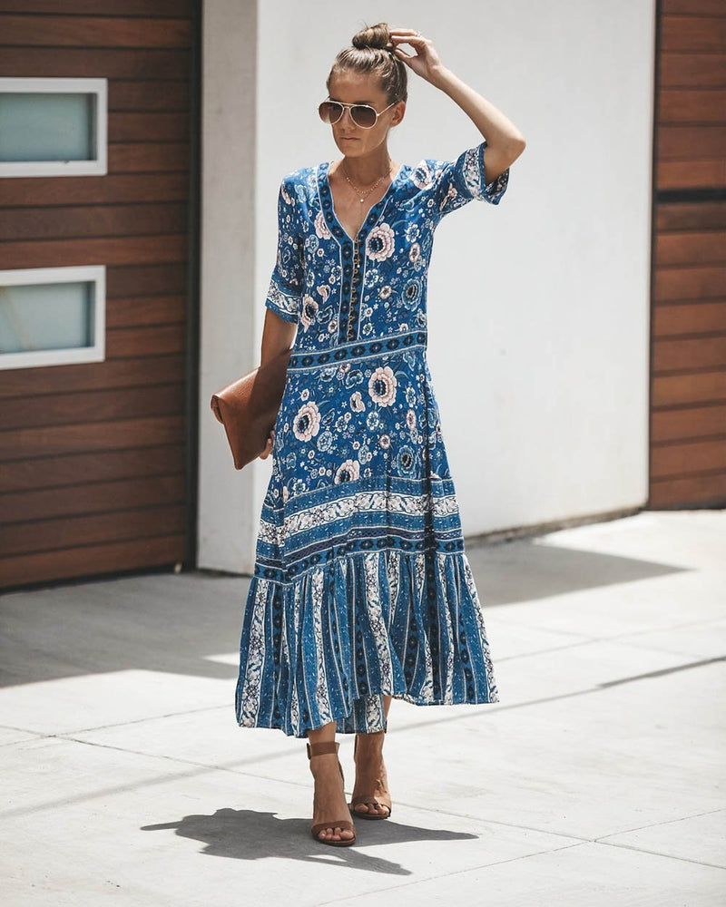 Robe Longue à Manches Courtes et Imprimé Floral Boho