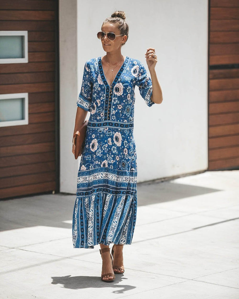 Robe Longue à Manches Courtes et Imprimé Floral Boho