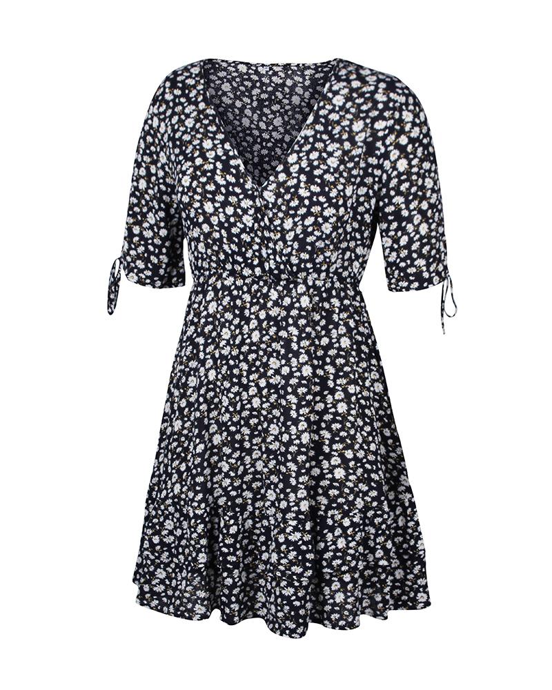 Mini-Robe Taille Haute Manches Courtes Col en V