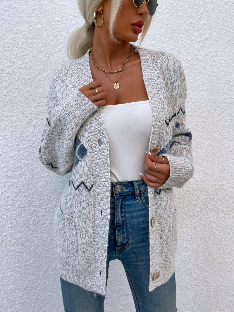 Cardigan Manches Longues Tricoté Boutonné Imprimé