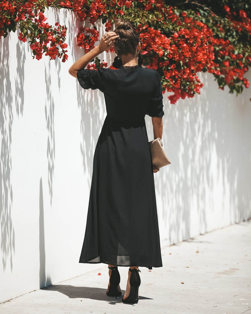 Maxi Robe à Col en V et Demi-manches Noire - CA Mode