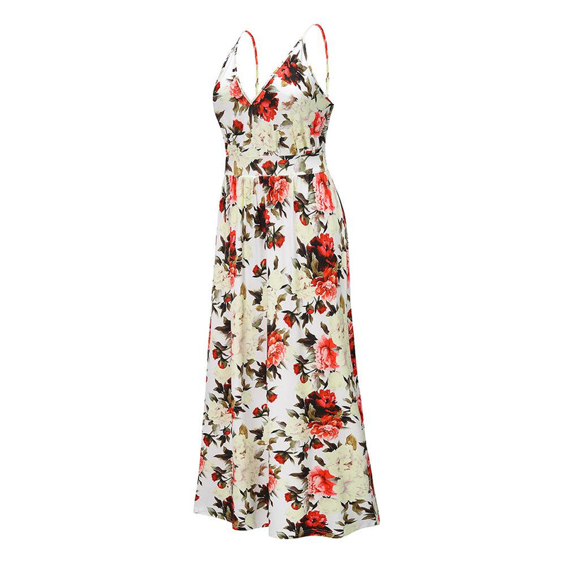 Robe Longue Floral à Bretelles Fines et Col en V