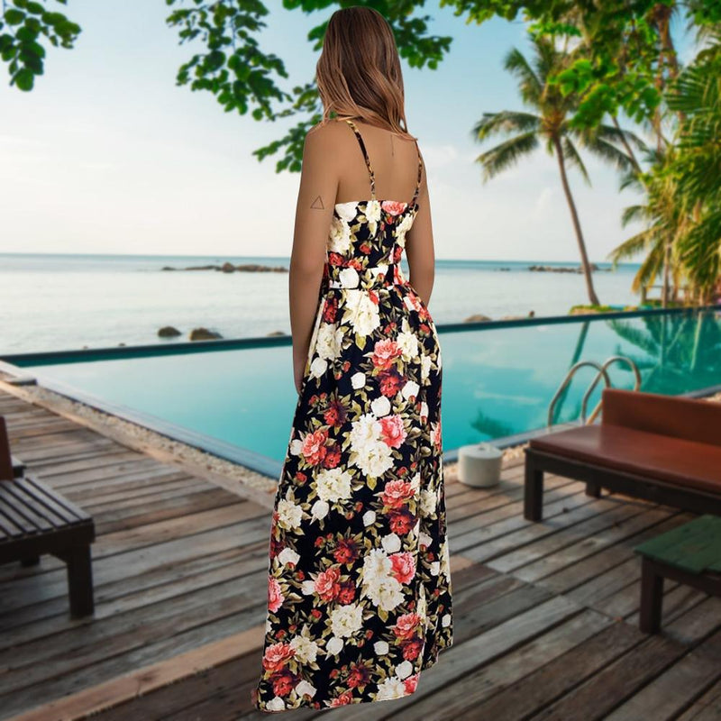 Robe Longue Floral à Bretelles Fines et Col en V