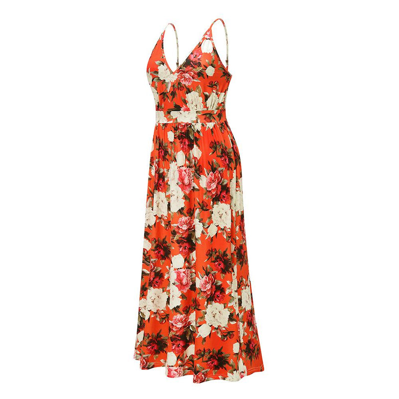 Robe Longue Floral à Bretelles Fines et Col en V