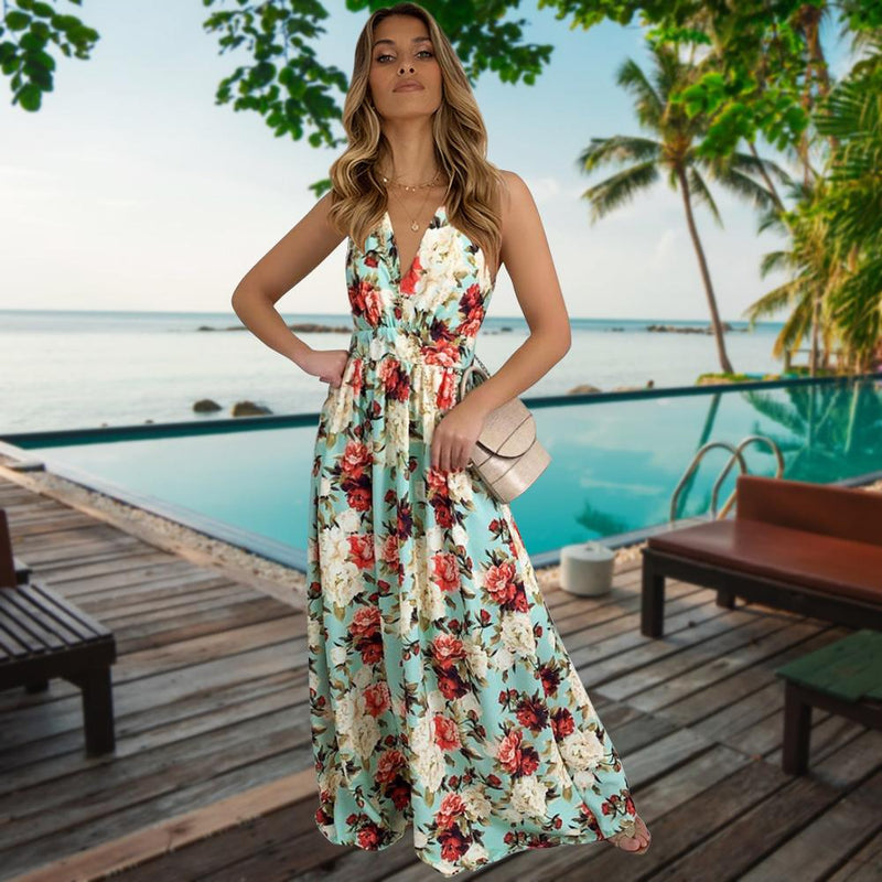 Robe Longue Floral à Bretelles Fines et Col en V