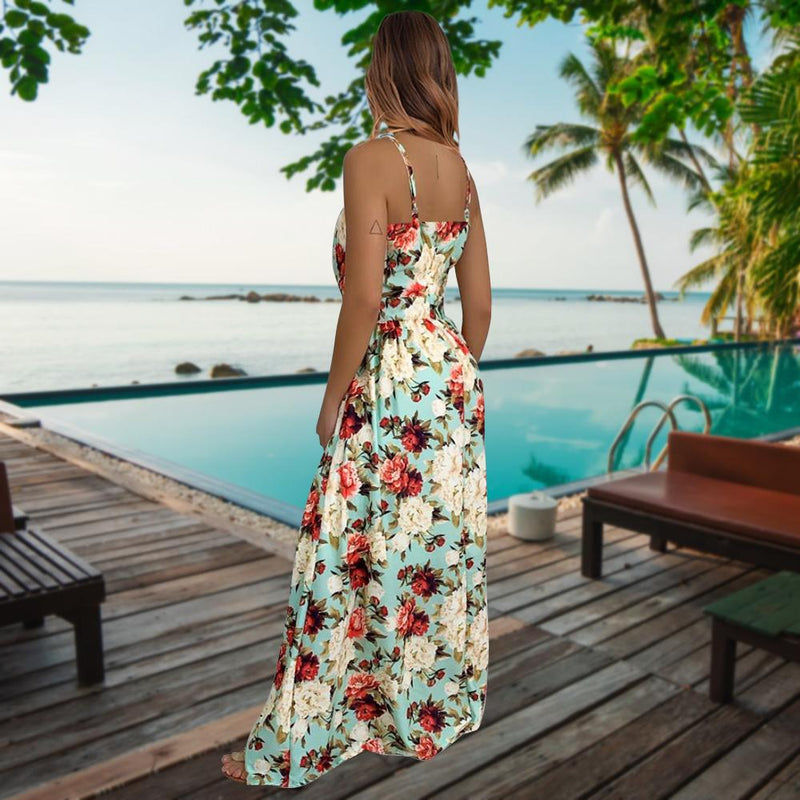 Robe Longue Floral à Bretelles Fines et Col en V