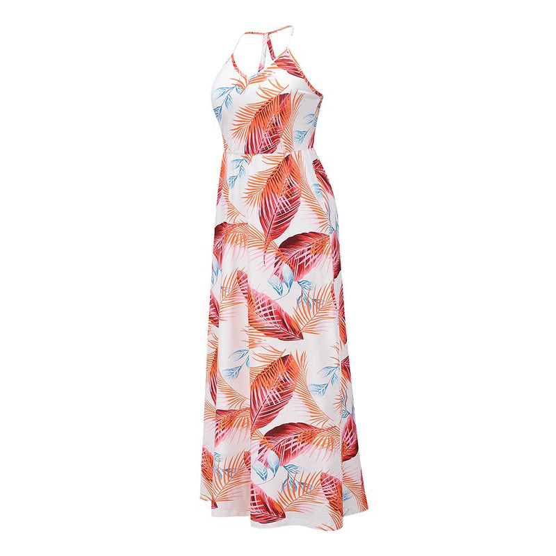 Sphaghetti Strap Leaf Print V Neck Long Beach Dress