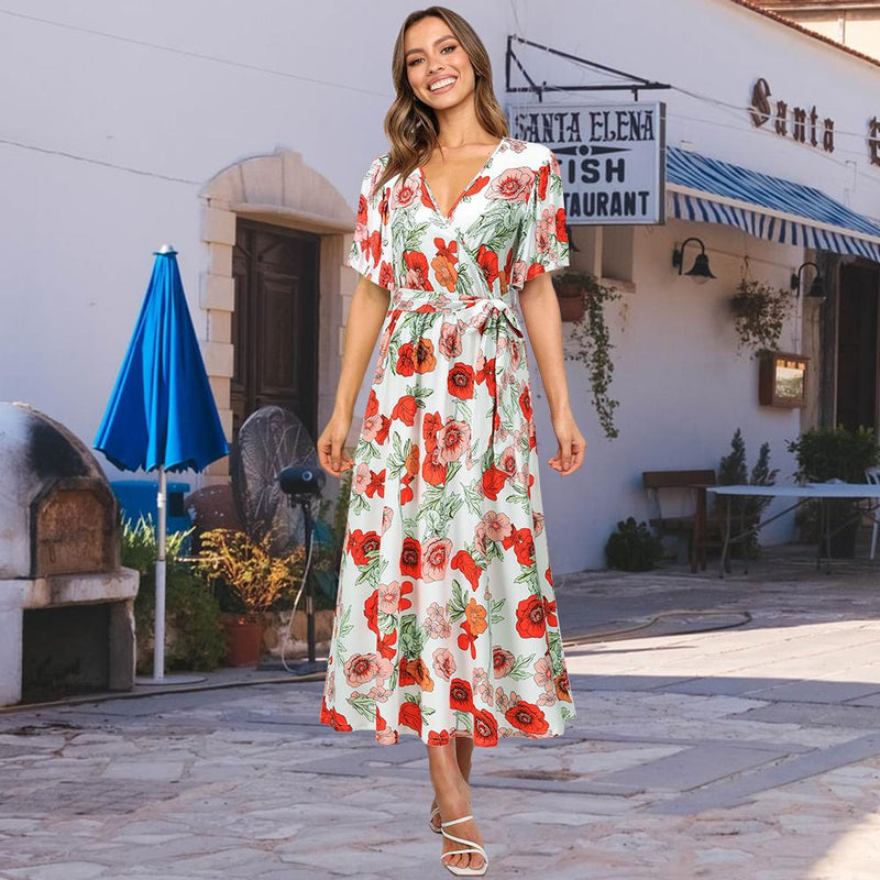 Robe Maxi Floral Décontractée en Col V Nouer à la Taille