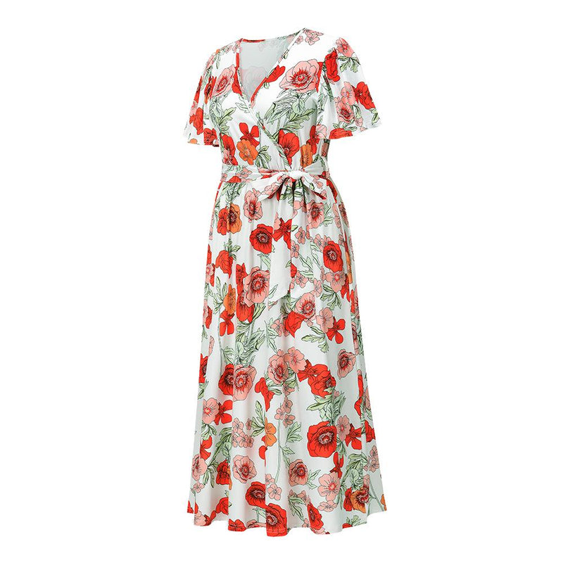 Robe Maxi Floral Décontractée en Col V Nouer à la Taille