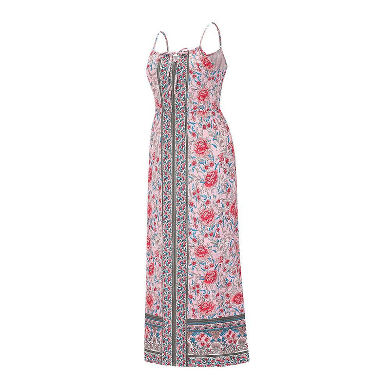 Robe Maxi Sans Manches Floral Dos Nu Bretelles Spaghetti Réglables