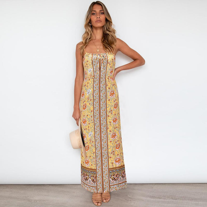 Robe Maxi Sans Manches Floral Dos Nu Bretelles Spaghetti Réglables