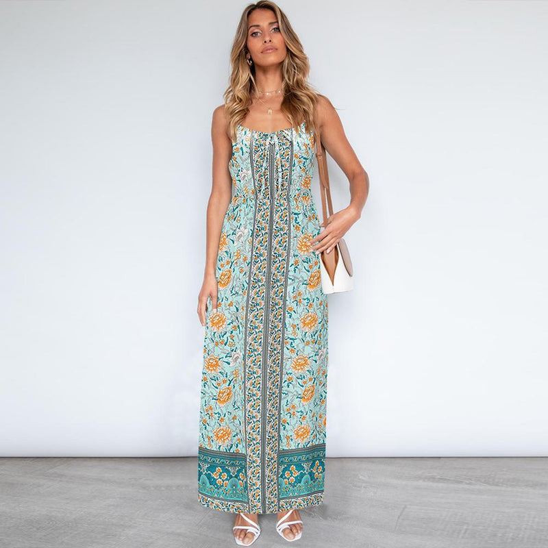 Robe Maxi Sans Manches Floral Dos Nu Bretelles Spaghetti Réglables